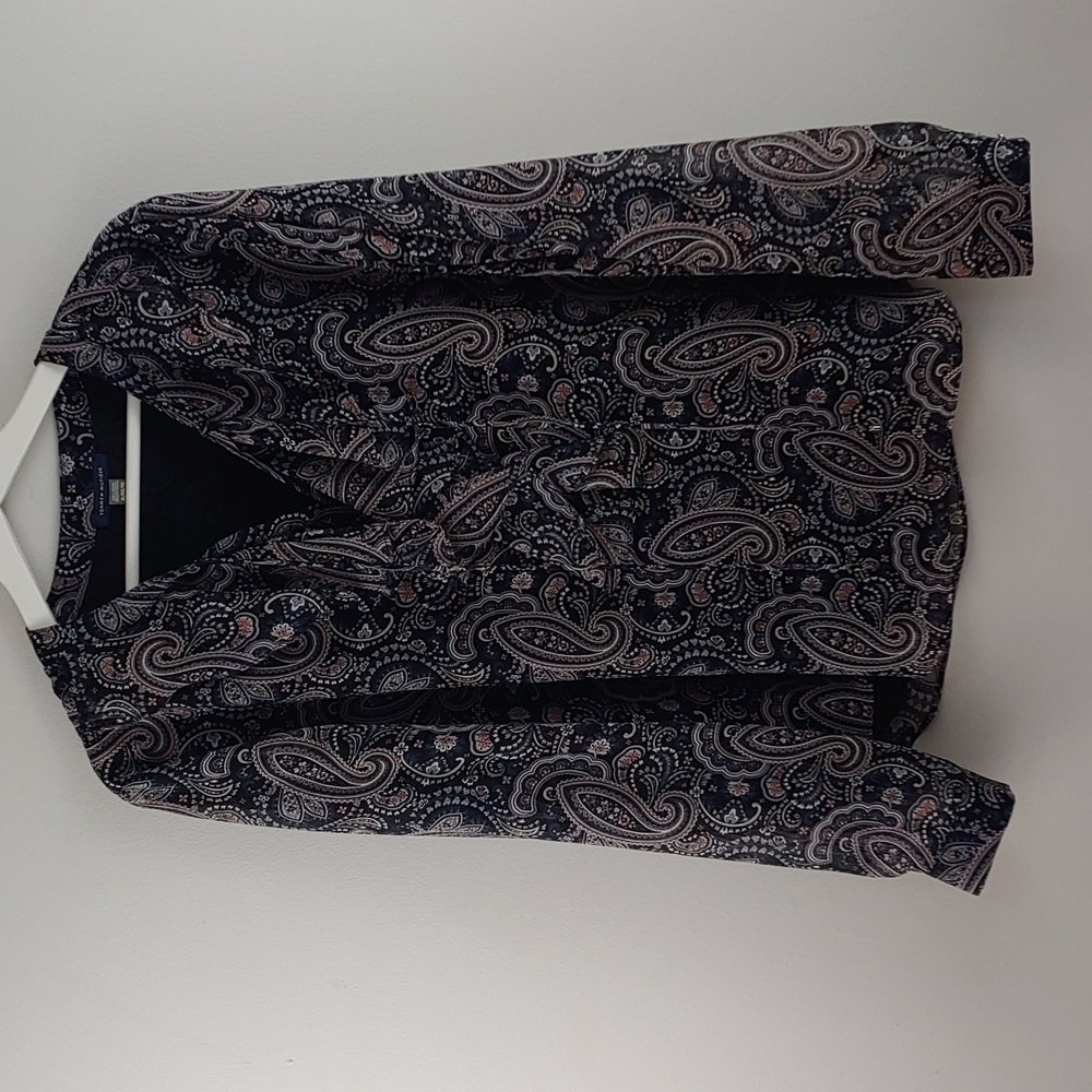 Tommy Hilfiger ruffle neck navy, black, gray, taupe & pink 2 layer Size XL Top